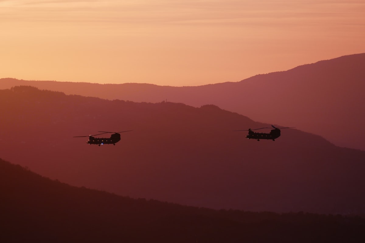 Military helicopters in flight