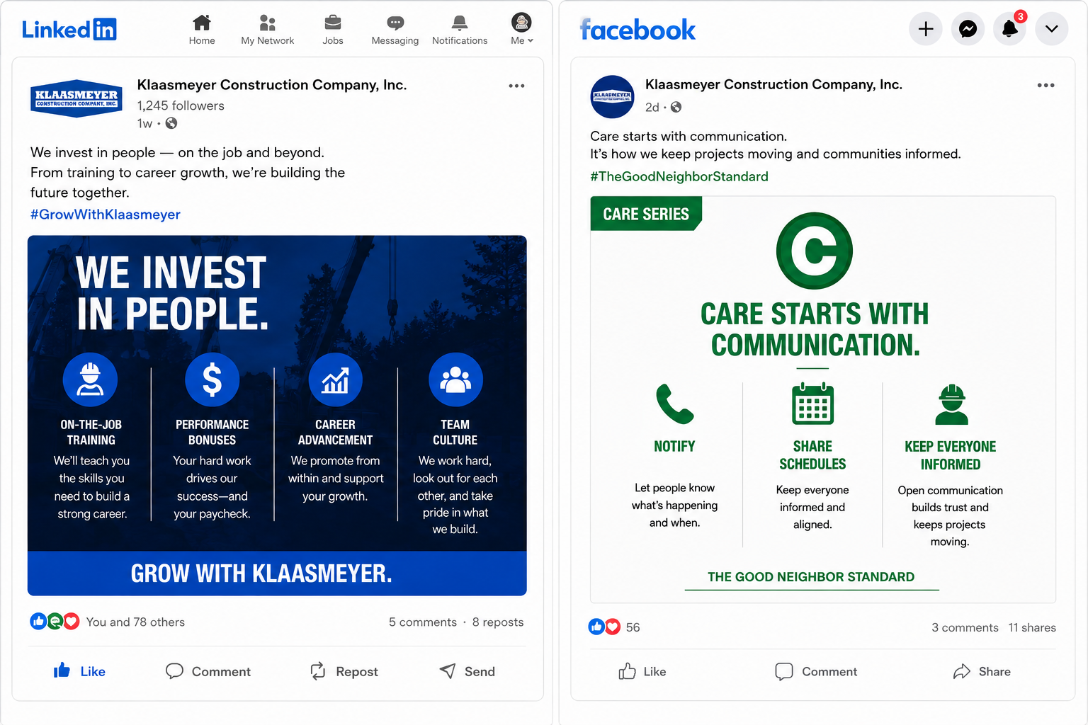 LinkedIn 'We Invest in People' recruiting post beside Facebook 'Care Starts with Communication' Good Neighbor Standard post