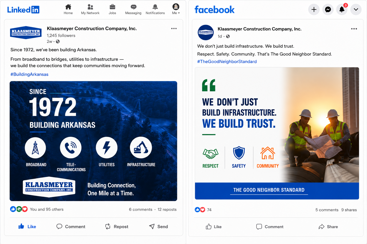 LinkedIn 'Since 1972 Building Arkansas' heritage post beside Facebook 'We don't just build infrastructure, we build trust' post