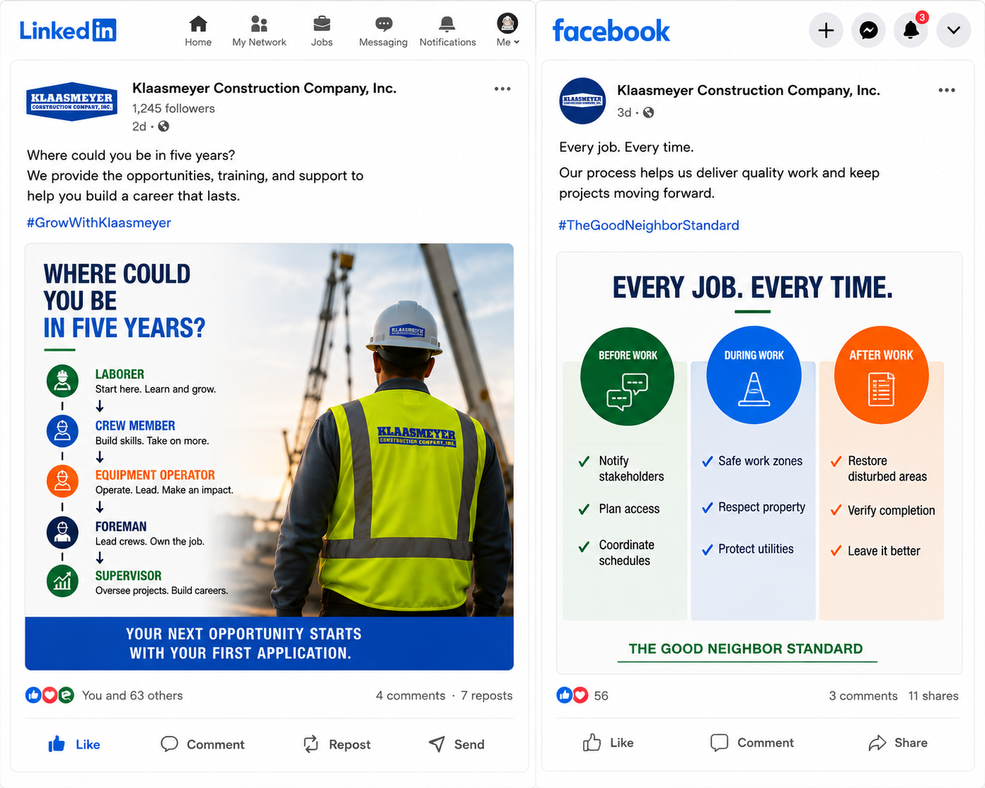 LinkedIn 'Where could you be in five years' career-ladder post beside Facebook 'Every job. Every time.' process post