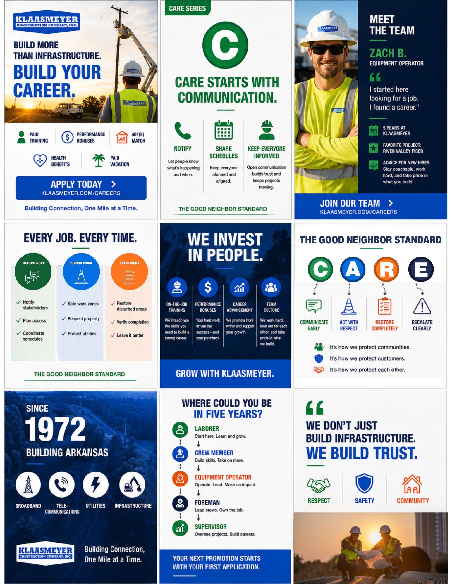 Nine Klaasmeyer social graphic templates: Build Your Career, Care Starts with Communication, Meet the Team, Every Job Every Time, We Invest in People, The Good Neighbor Standard CARE, Since 1972, Where Could You Be in Five Years, We Build Trust